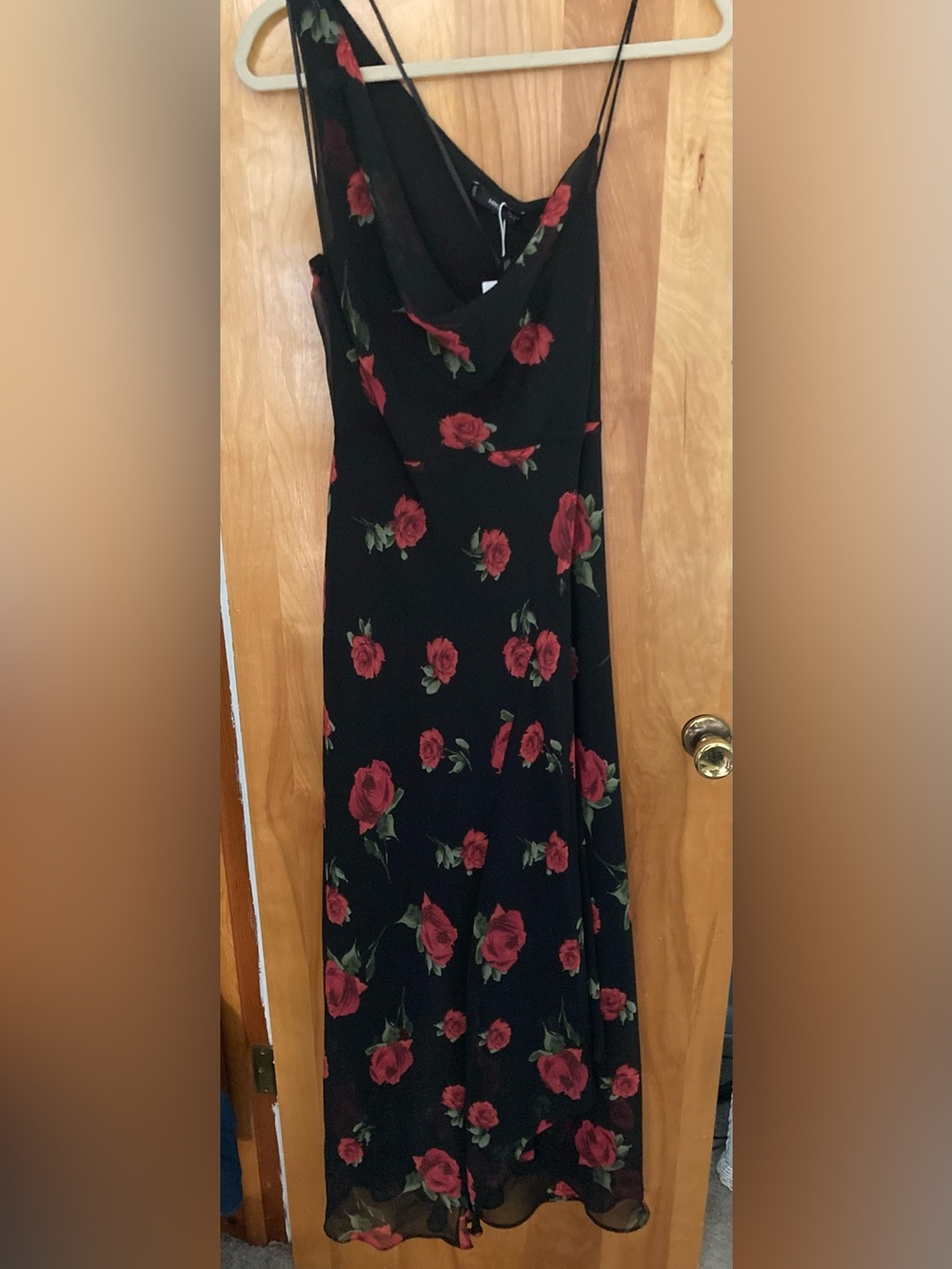 Mango Black Slip Maxi Dress with Red Rose Print